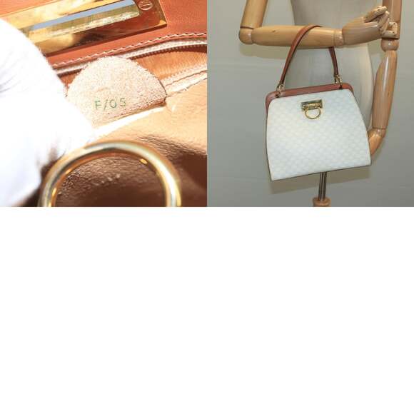 CELINE Macadam Canvas Hand Bag Pvc Leather White Gold - Picture 13 of 13